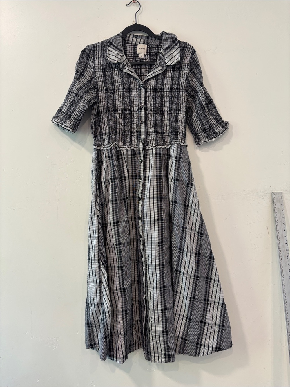 Maeve Anthropologie Black White Plaid Smocked Button Down Midi Dress Size Medium